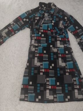 Metrostyle Long Sleeve Geometric Tie-Neck Dress in Black, Teal, Red, Gray